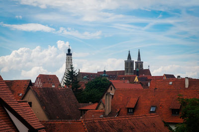 High angle view of buildings in town against sky