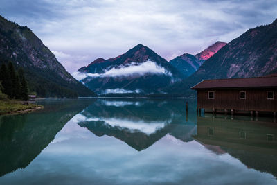 Scenic view of lake and mountains against sky