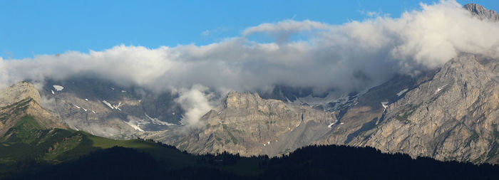 Panoramic view of snowcapped mountains against sky