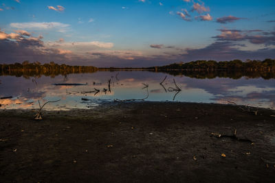 Scenic view of lake against sky at sunset