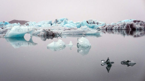 Glacier in lake against clear sky