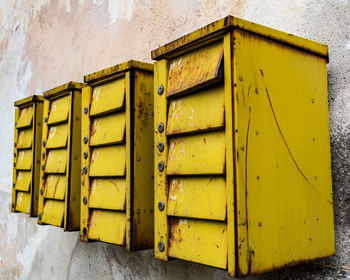 Close-up of yellow mailbox on wall