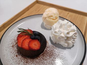 High angle view of dessert in plate on table