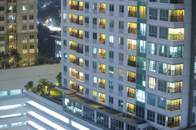 High angle view of illuminated building at night