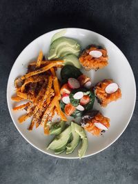 High angle view of food in plate on table