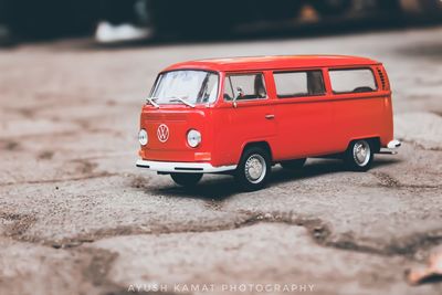 Close-up of toy car on road