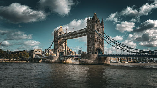 View of bridge over river against cloudy sky