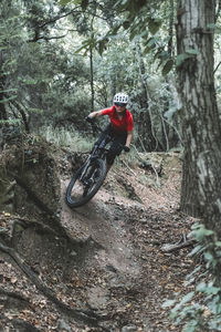 Focussed female mountainbiker taking a corner on trail