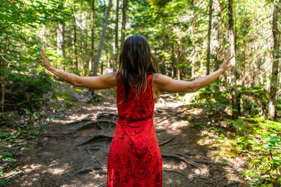 Rear view of woman standing in forest