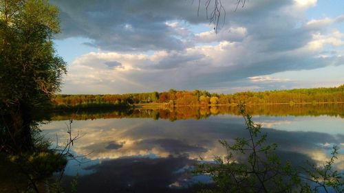 Scenic view of lake against sky at sunset