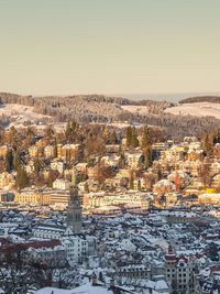 High angle view of townscape against clear sky