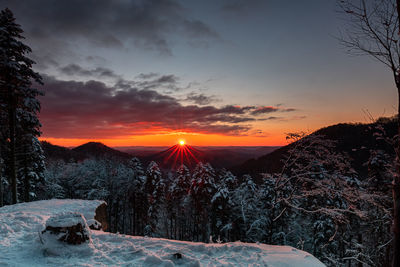 Scenic view of snowcapped mountains against sky during sunset