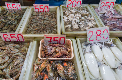 High angle view of fish for sale in market