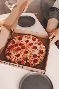 High angle view of pizza on table