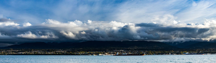 Panoramic view of sea and mountains against sky