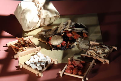 High angle view of dried fruits on table