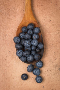 High angle view of blueberries on table