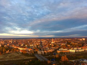 High angle shot of townscape against sky