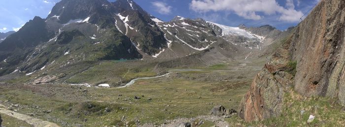 Panoramic view of snowcapped mountains against sky