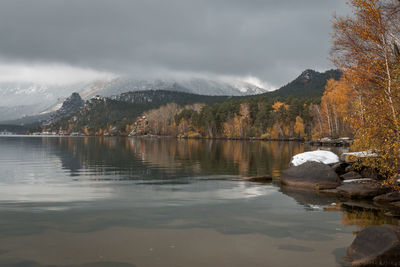 Scenic view of lake by trees against sky