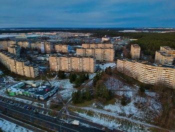 High angle view of buildings against sky in city