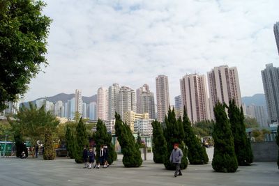 Man walking on footpath by trees against buildings in city against sky