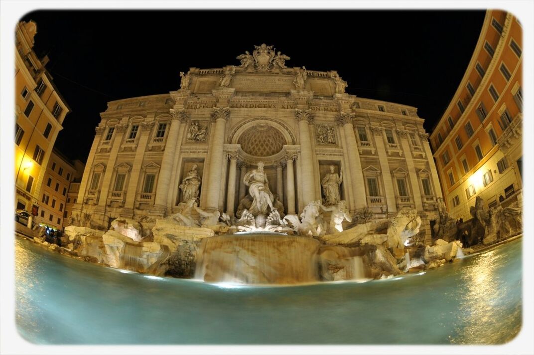 transfer print, architecture, built structure, building exterior, auto post production filter, water, history, famous place, travel destinations, night, fountain, international landmark, clear sky, waterfront, tourism, travel, statue, illuminated, city, capital cities