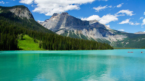 Scenic view of lake and mountains against sky