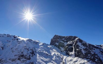 Scenic view of snowcapped mountains against clear sky