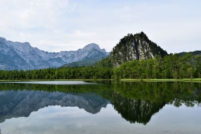 Scenic view of lake and mountains against sky