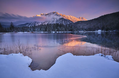 Scenic view of lake by snowcapped mountains against sky during sunset