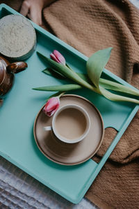 High angle view of coffee cup and tulip in tray on table