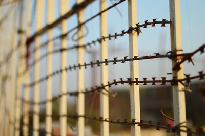 Close-up of barbed wire against sky