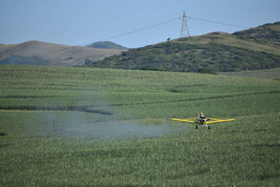 Airplane flying over agricultural field against sky