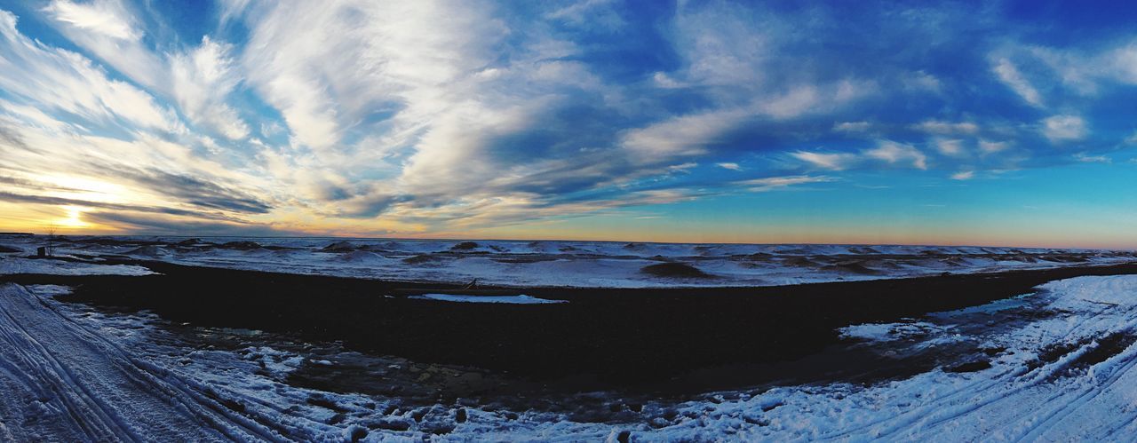 nature, sky, cold temperature, beauty in nature, scenics, snow, winter, no people, outdoors, dramatic sky, cloud - sky, tranquil scene, sunset, landscape, day, astronomy