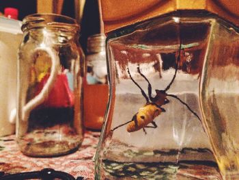 Drink in glass jar on table