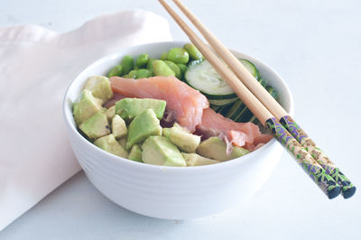 High angle view of salad in bowl on table