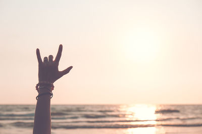 Close-up of hand gesturing against sky during sunset