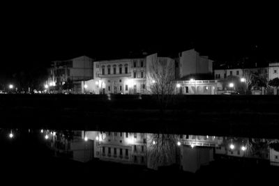 Reflection of illuminated buildings in calm water at night