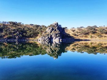 Scenic view of lake against clear blue sky