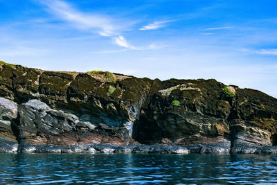 Rock formations by sea against sky