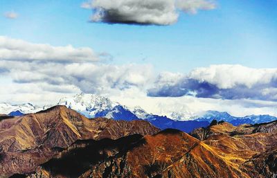 Scenic view of mountains against cloudy sky