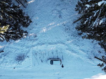 High angle view of snow covered trees on mountain