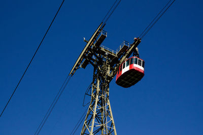 Low angle view of cable car against clear blue sky