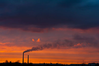 Smoke emitting from chimney against sky during sunset
