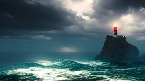 Lighthouse by sea against sky