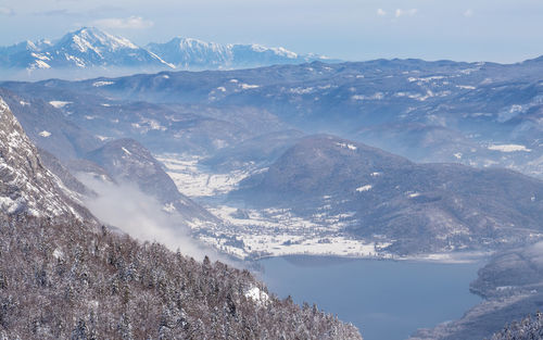 Aerial view of snowcapped mountains against sky