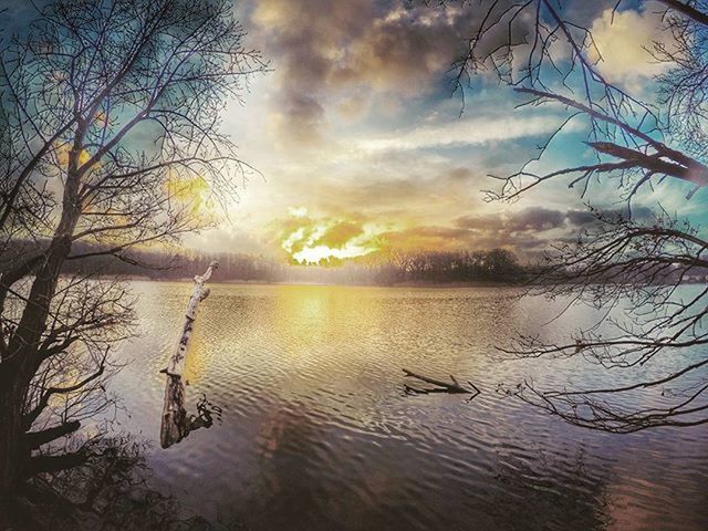 water, sunset, sky, reflection, tranquility, tranquil scene, scenics, cloud - sky, beauty in nature, sun, lake, bare tree, nature, silhouette, cloudy, waterfront, idyllic, cloud, tree, branch