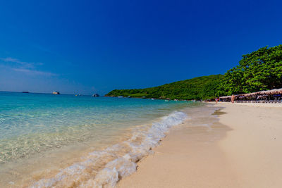 Scenic view of beach against blue sky