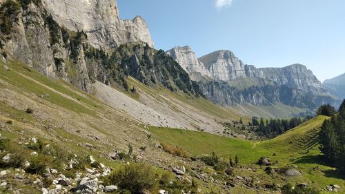 Scenic view of landscape and mountains against sky